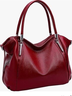 Heshe Genuine Leather Satchel Hobo Bag Wine Red Pebbled Lichee Pattern Texture